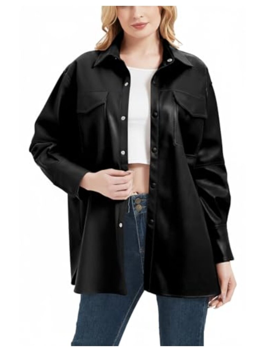 Faux Leather Shacket Button Down Relaxed Fit Oversized Shirt Jacket